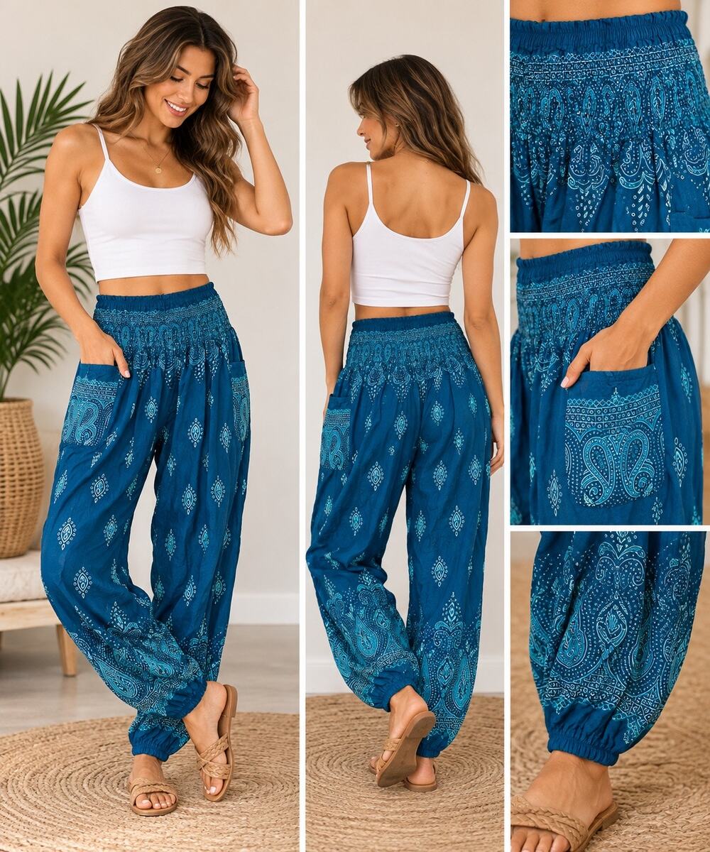 Women’s Small Blue Paisley Harem Pants Smocked Waist Boho Festival